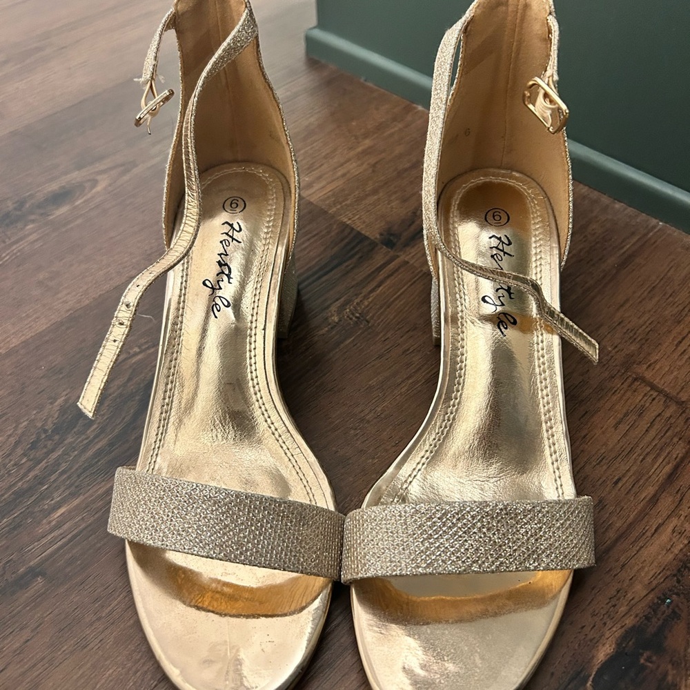 Herstyle Metallic Gold Ankle Strap Heels